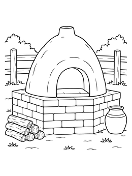 A traditional clay horno oven in a california mission coloring page with firewood and a clay pot.