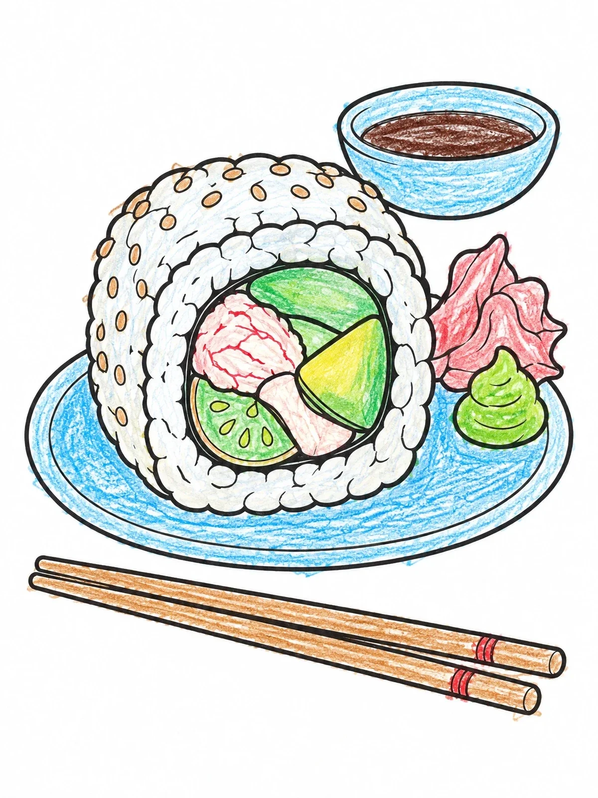 Colored example of the California Sushi Roll With Chopsticks coloring page