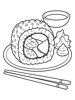 A large sushi roll on a plate with sauce and chopsticks in this sushi coloring page.