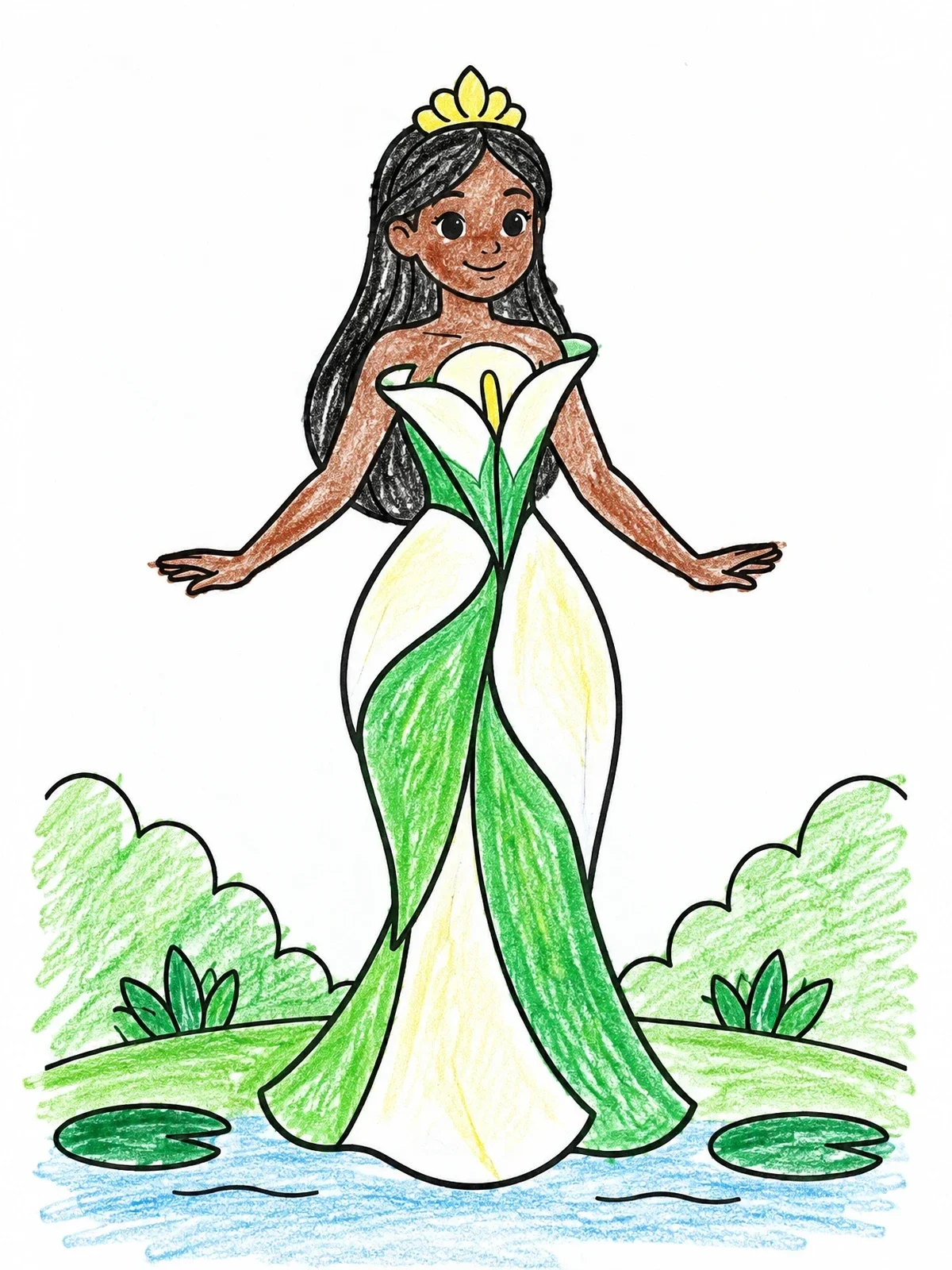 Colored example of the Calla Lily Princess Gown coloring page