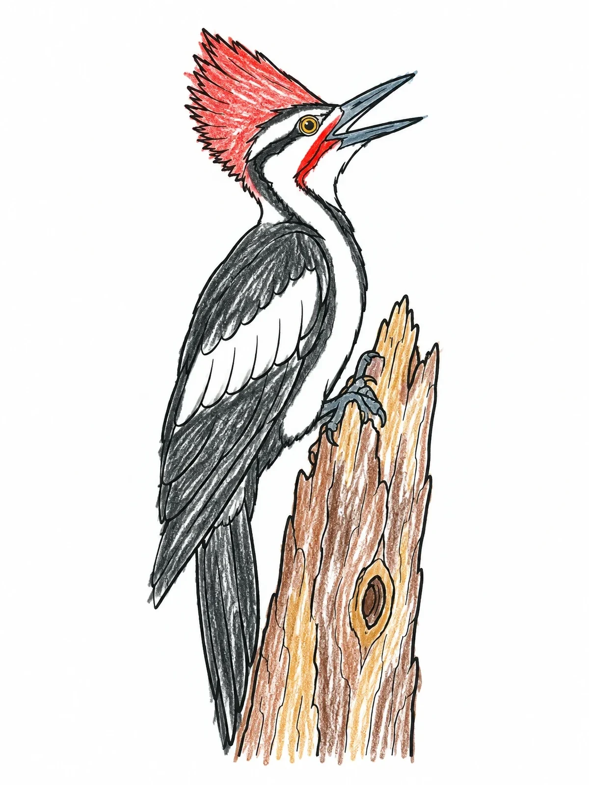 Colored example of the Calling Pileated Woodpecker On Stump coloring page