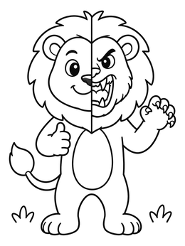 A lion coloring page showing a standing cartoon lion with half calm and half roaring face.
