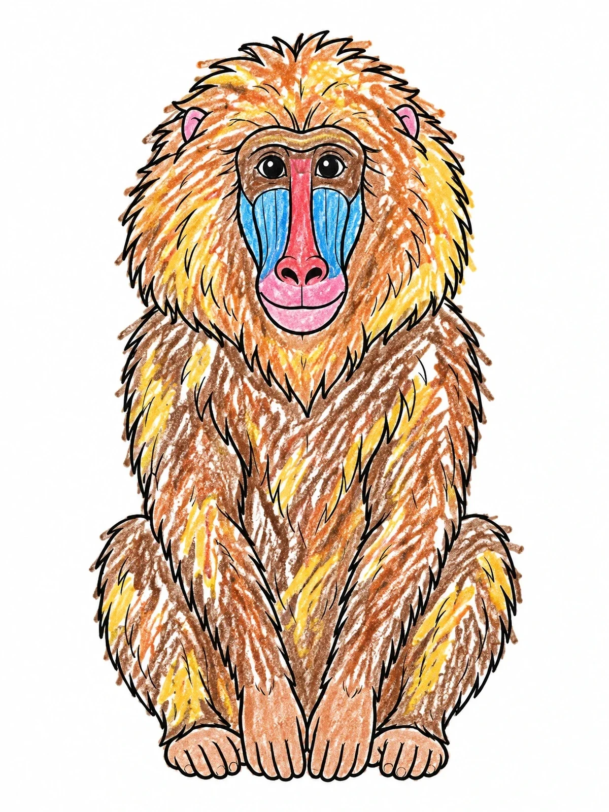 Colored example of the Calm Fluffy Baboon Sitting Down coloring page
