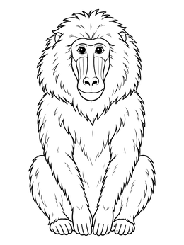 A fluffy baboon coloring page featuring a calm monkey sitting upright.