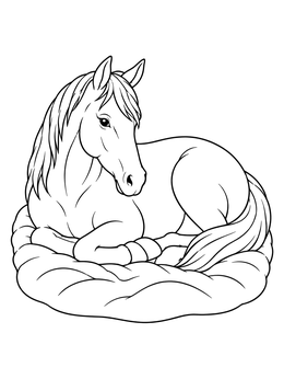A peaceful horse resting on a soft bed appears in this horse coloring page.