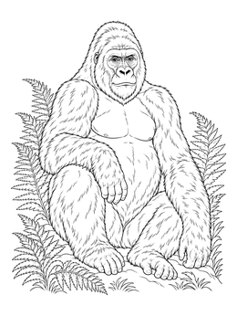 A seated silverback ape framed by lush plants features in this gorilla coloring page.