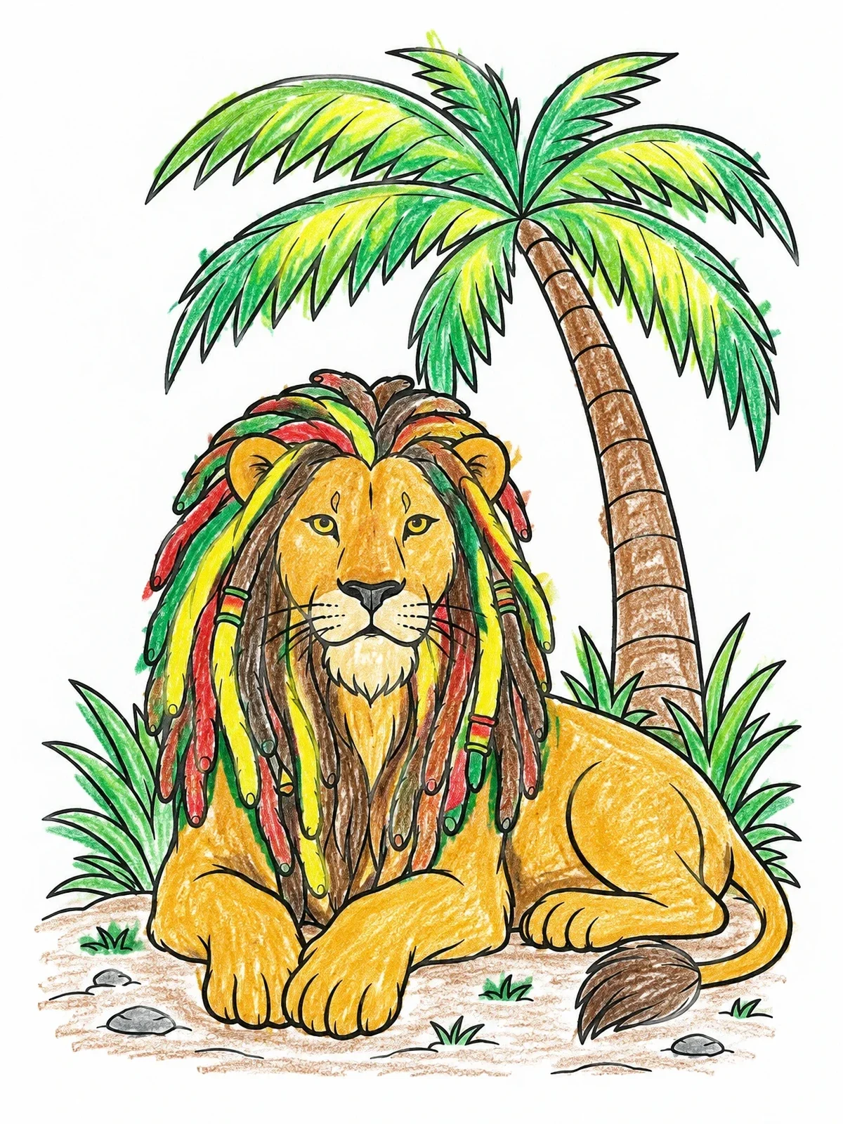Colored example of the Calm Rasta Lion Under Palm Tree coloring page