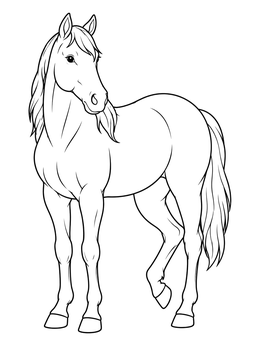 A resting horse coloring page shown in clear outlines with a cocked hind hoof.