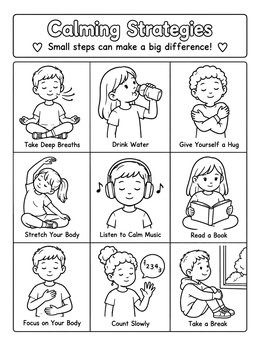 A coping skills coloring page showing a grid of children practicing different calming techniques.