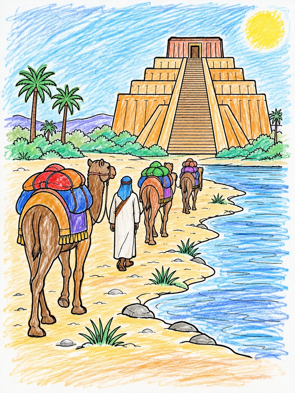 Colored example of the Camel Caravan Approaching Ancient Ziggurat coloring page