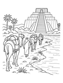 Free printable Camel Caravan Approaching Ancient Ziggurat coloring page