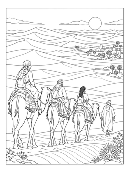 Travelers ride camels toward an oasis in this detailed desert coloring page.