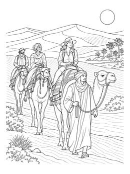 Travelers ride camels across dunes in this detailed desert coloring page.