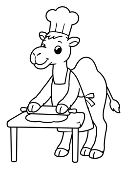 A cheerful camel coloring page showing a baker rolling dough in a chef hat.