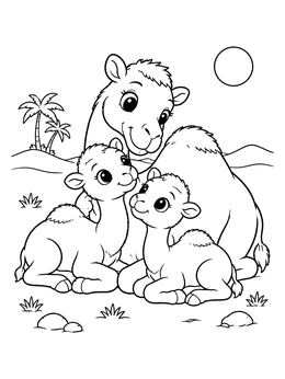 A mother camel resting with her two cute calves in this camel coloring page.