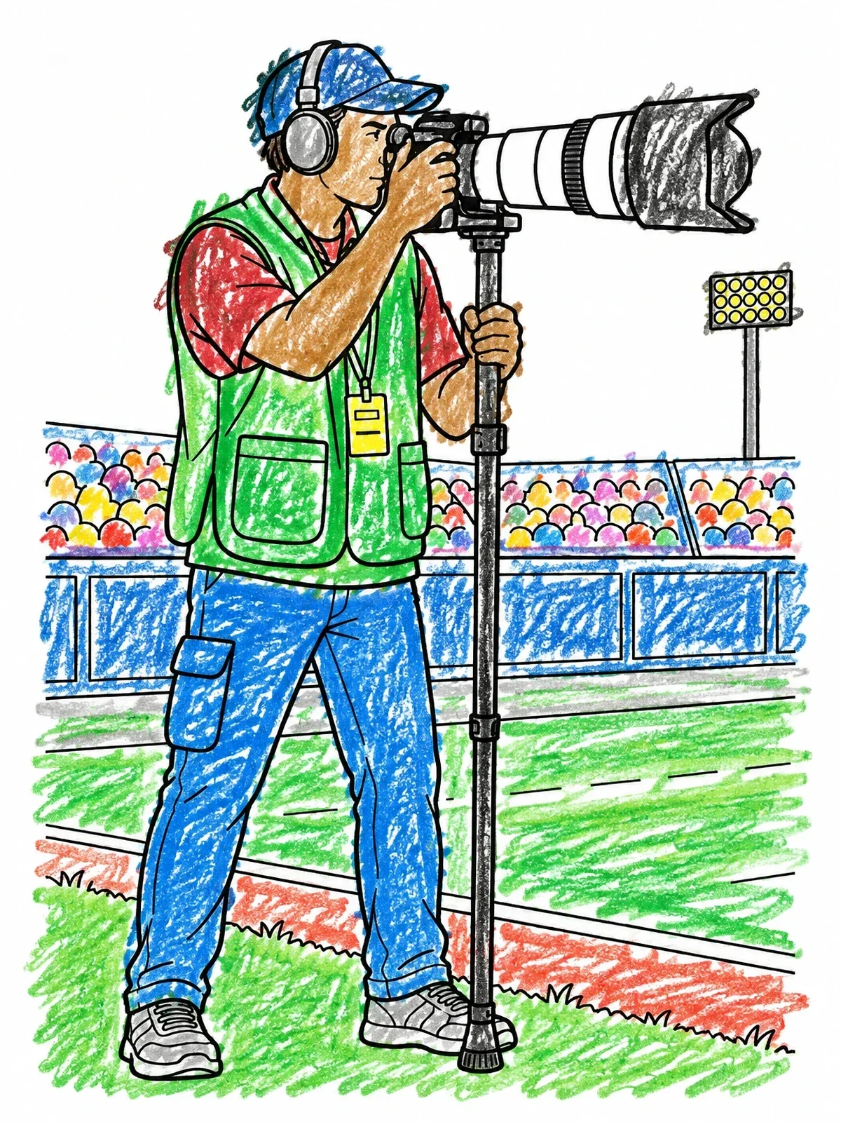 Colored example of the Sports Photographer With Telephoto Lens coloring page