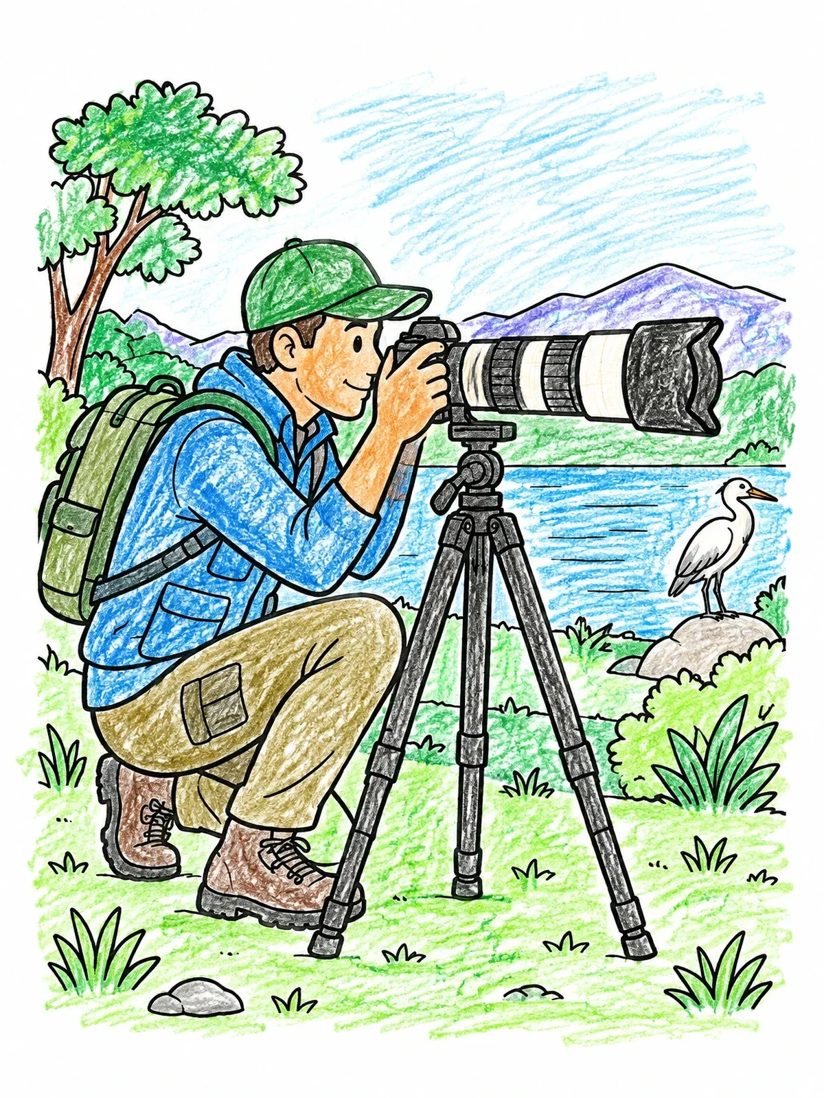 Colored example of the Wildlife Photographer By The Lake coloring page