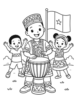 Free printable Children Celebrating Cameroon With Drum And Flag coloring page