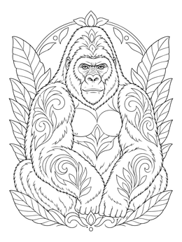 A detailed cameroon coloring page featuring a Cross River gorilla framed by lush foliage and intricate floral patterns.