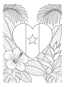 A heart-shaped flag in this cameroon coloring page framed by tropical flowers and leaves.