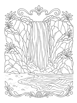 Lobe Waterfalls cascading to the ocean shore on this Cameroon coloring page.