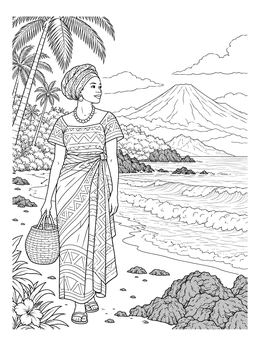 A woman in traditional attire walks along a volcanic beach in this Cameroon coloring page.