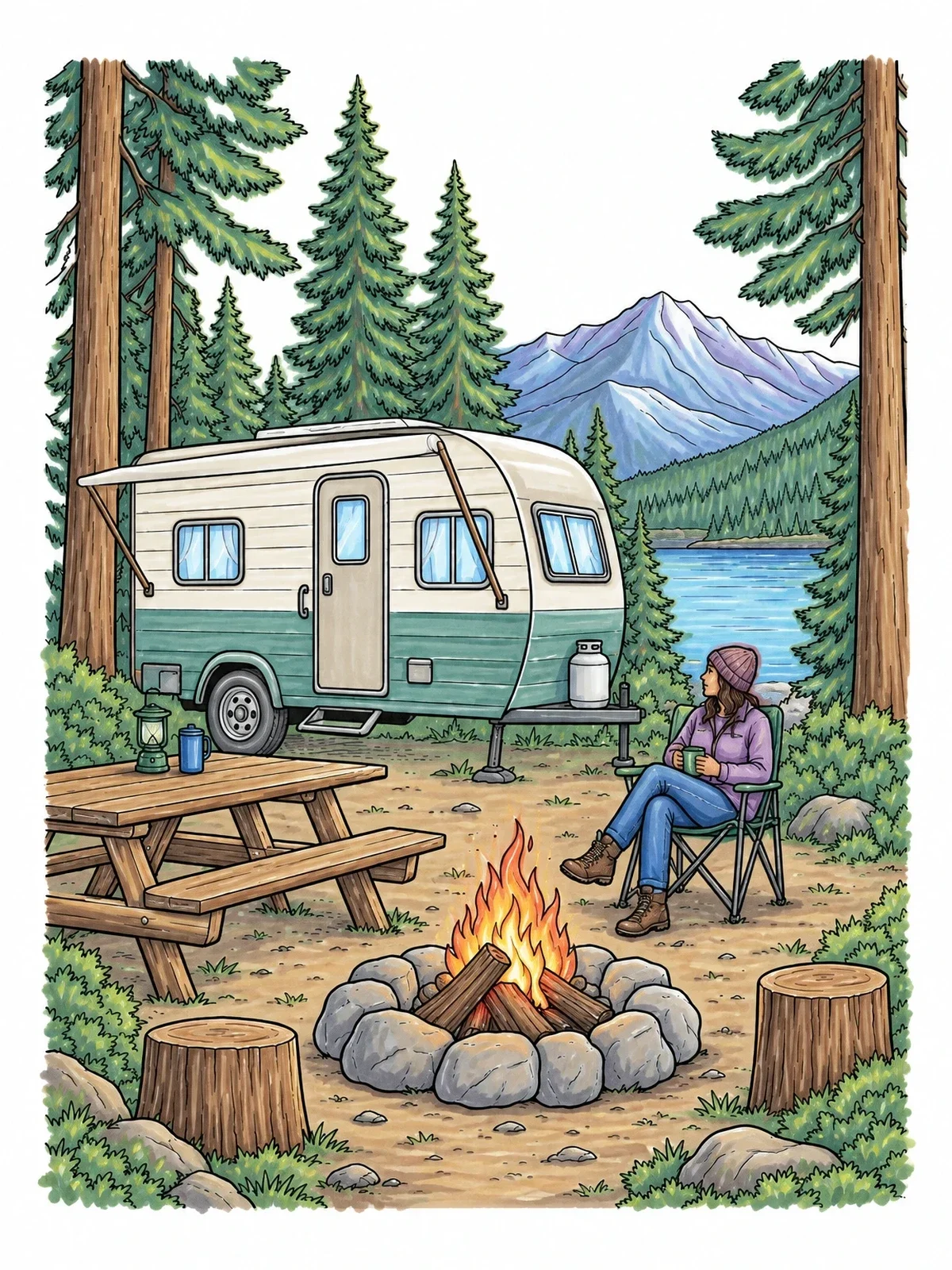 Colored example of the Cozy Campsite With Vintage Trailer coloring page