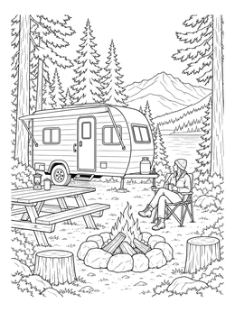 Free printable Cozy Campsite With Vintage Trailer coloring page