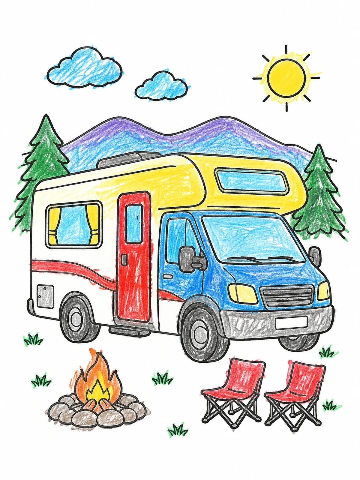 Colored example of the Cozy Motorhome At A Campsite coloring page