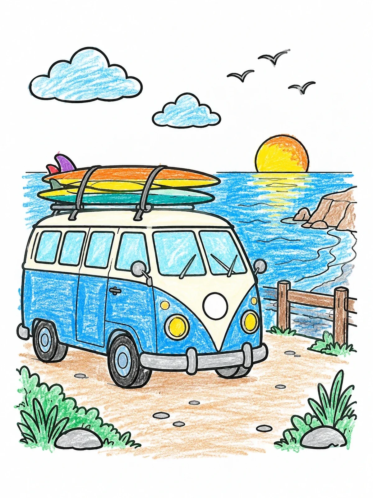 Colored example of the Surfer Van By The Ocean coloring page