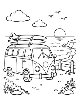 Free printable Surfer Van By The Ocean coloring page