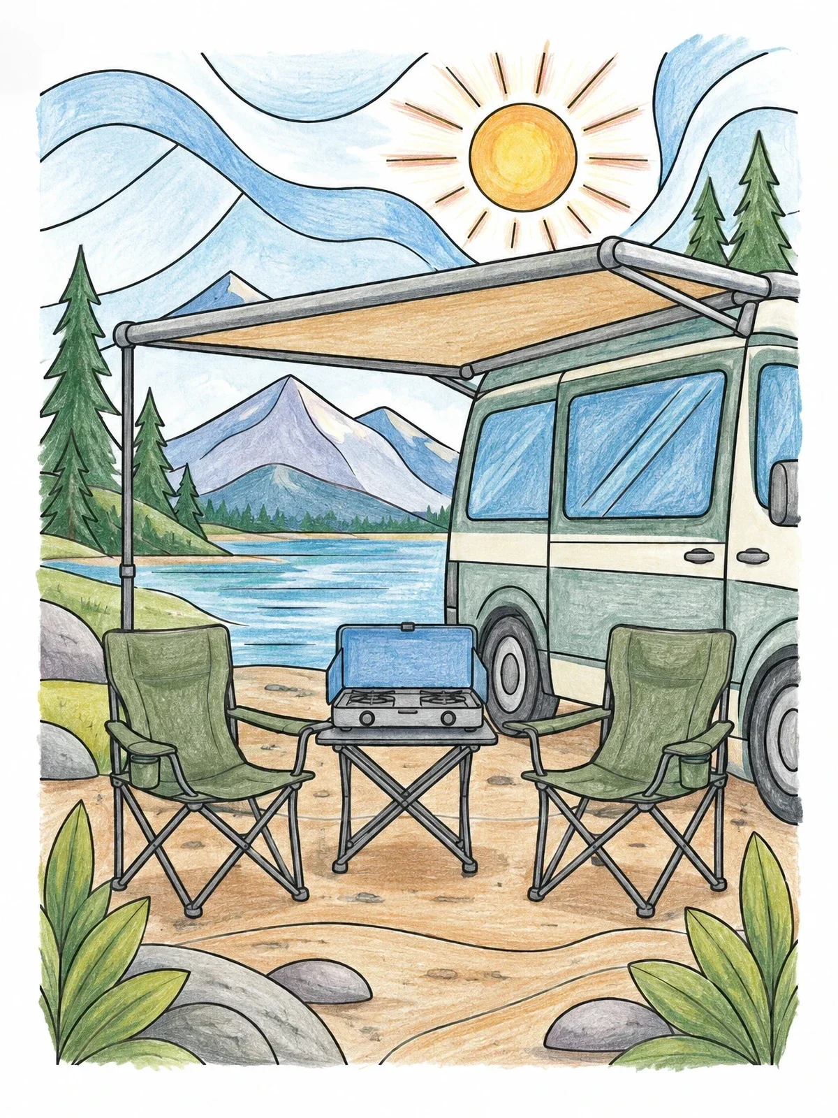 Colored example of the Camper Van Awning And Campsite coloring page