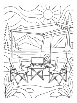 Free printable Camper Van Awning And Campsite coloring page