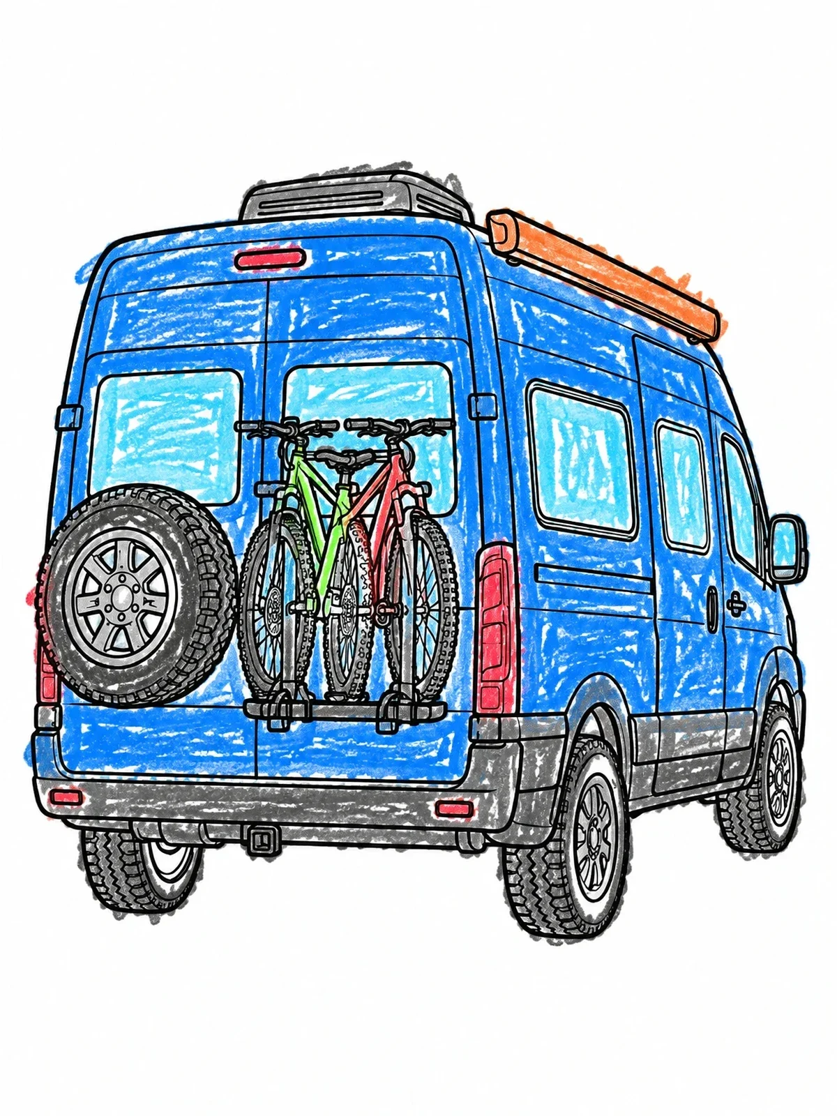 Colored example of the Camper Van With Mountain Bikes coloring page