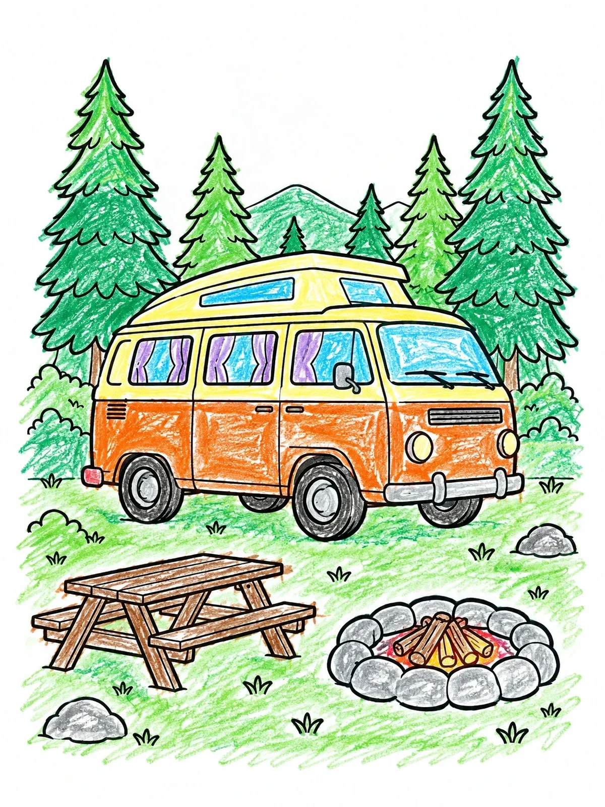 Colored example of the Camper Van At Forest Campsite coloring page