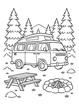 Free printable Camper Van At Forest Campsite coloring page
