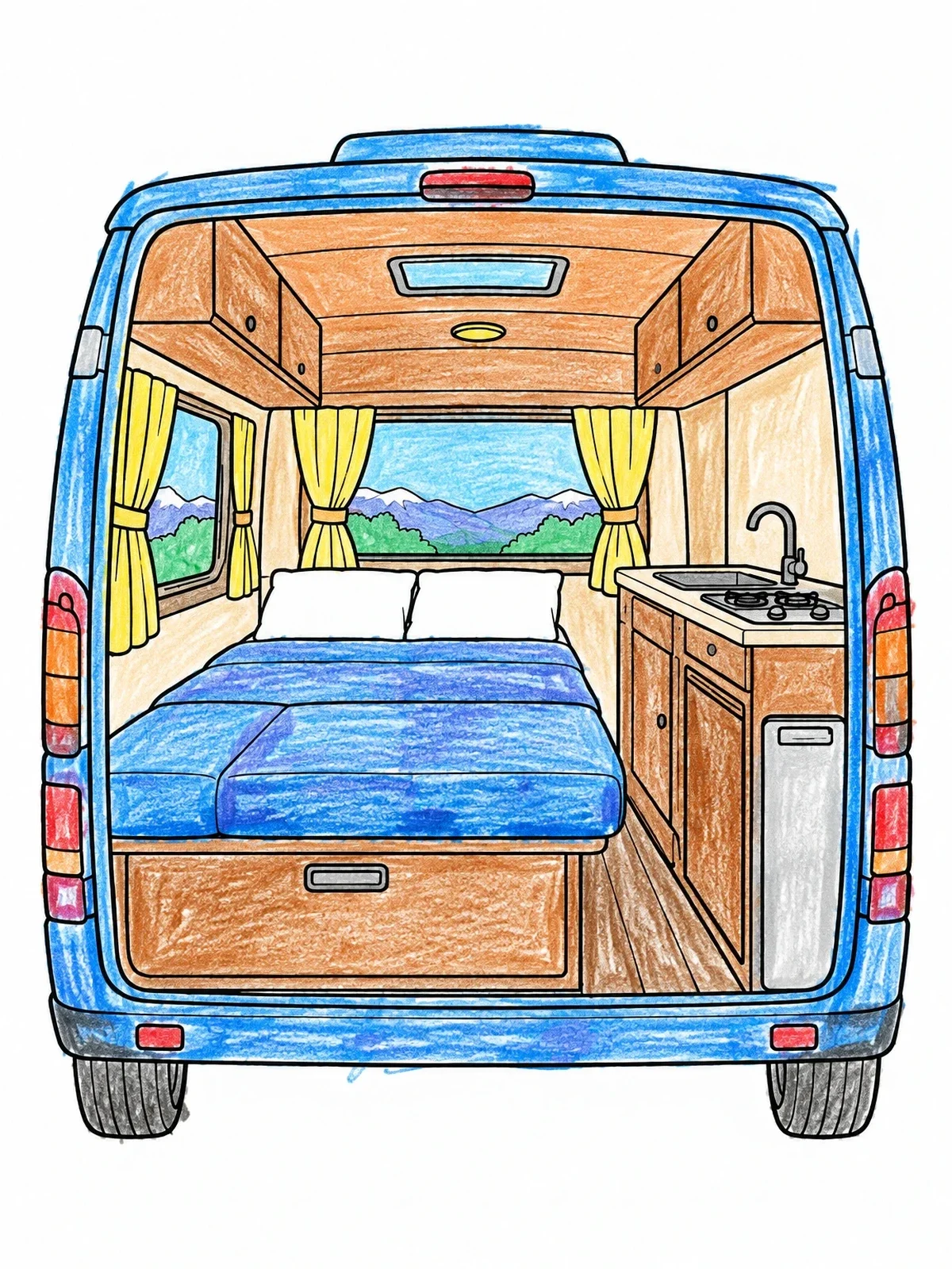 Colored example of the Cozy Camper Van Interior coloring page