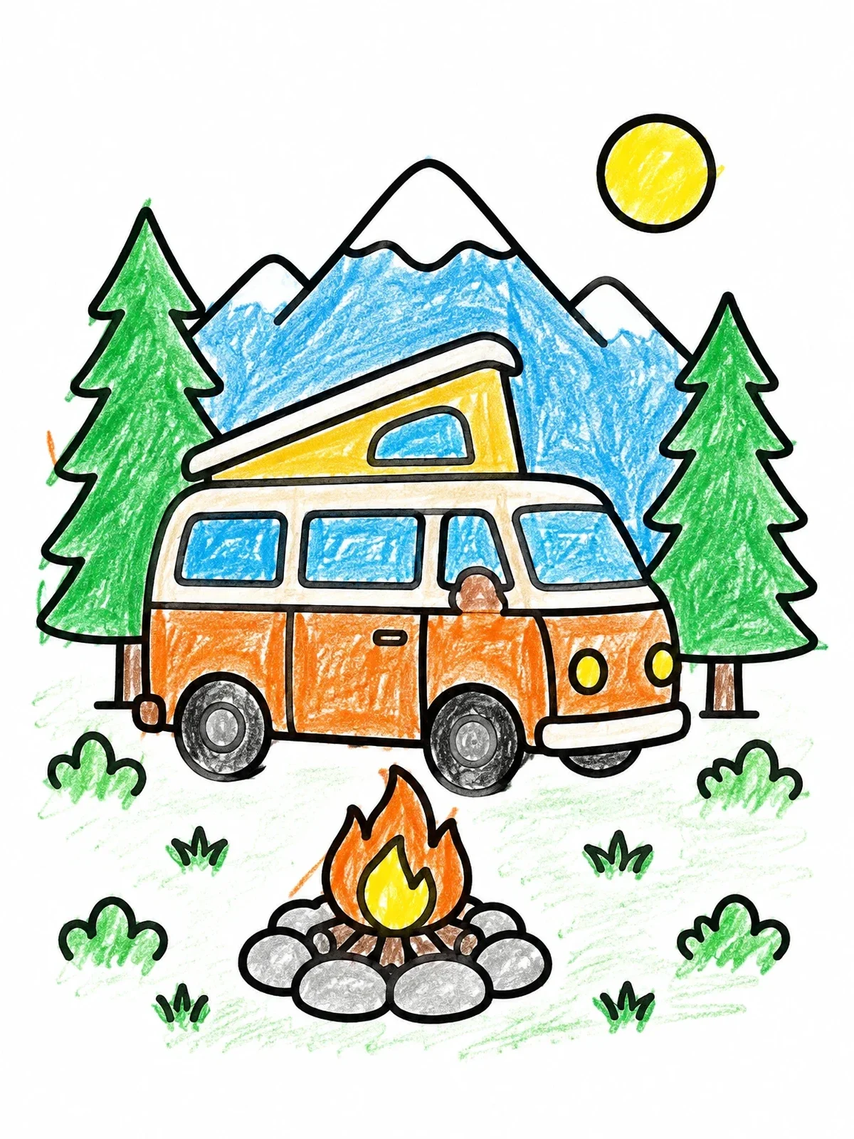 Colored example of the Camper Van At Mountain Campsite coloring page