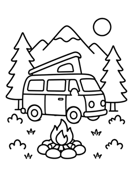 Free printable Camper Van At Mountain Campsite coloring page