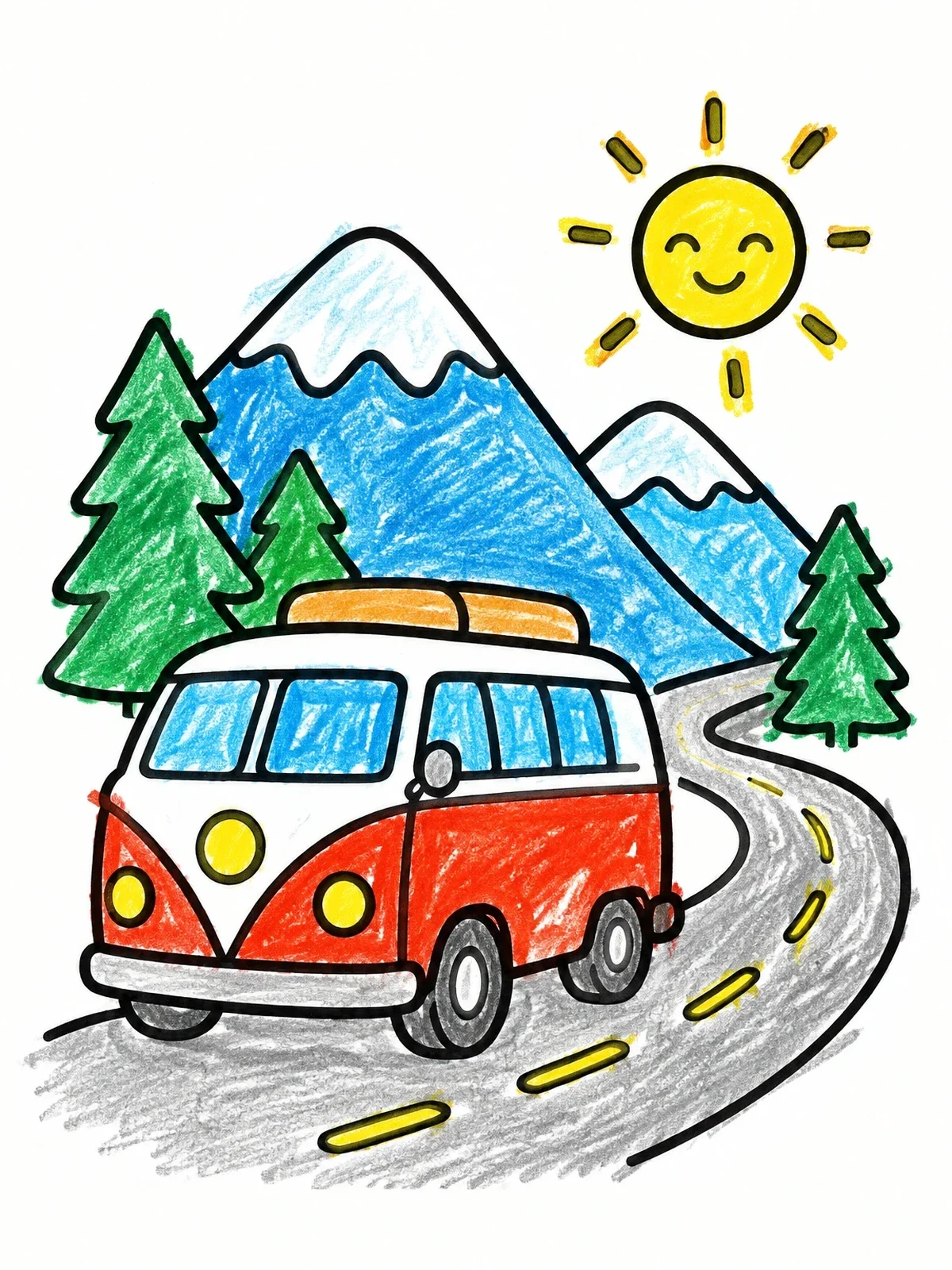 Colored example of the Camper Van On Mountain Road coloring page