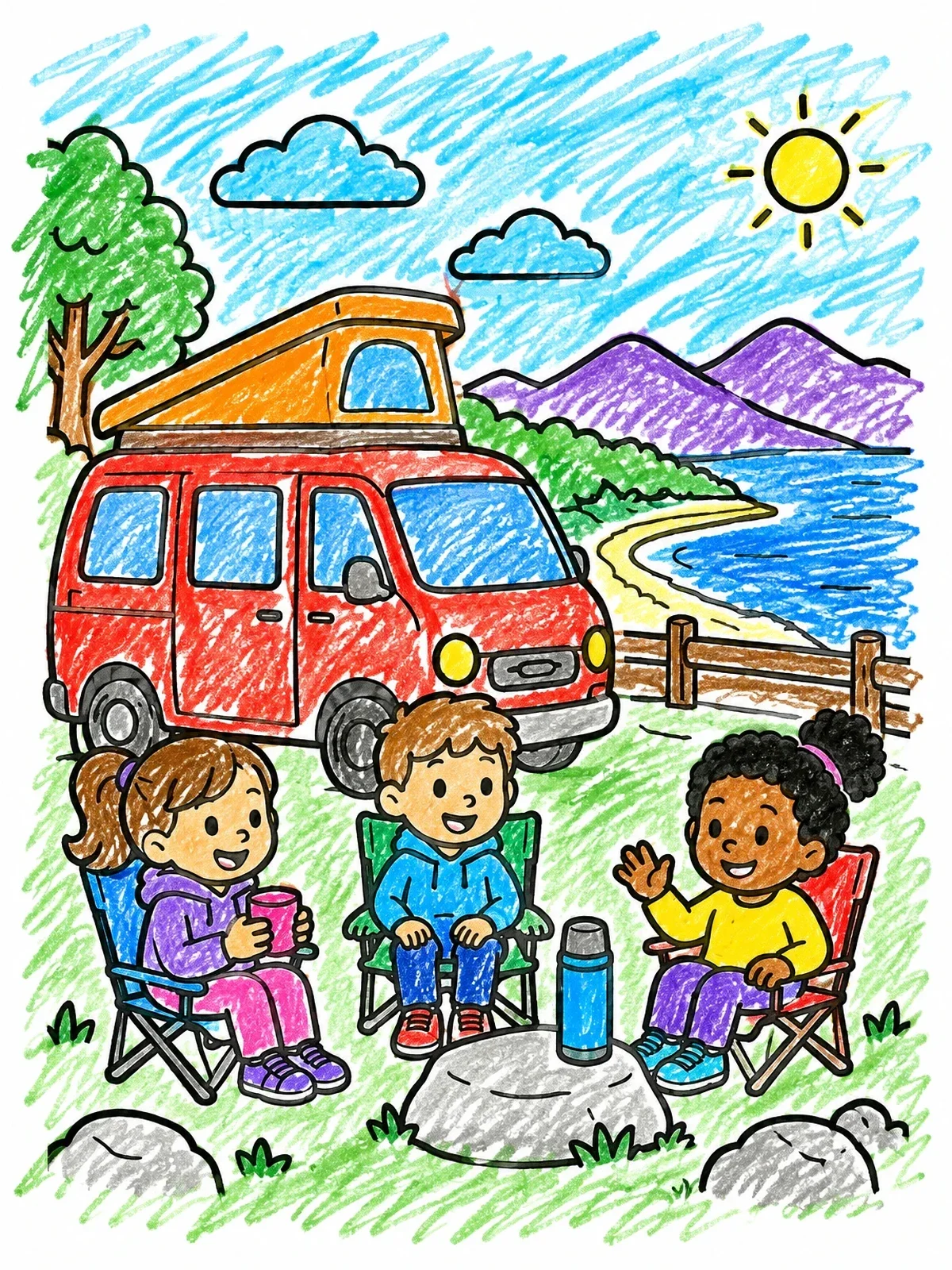 Colored example of the Camper Van Road Trip Picnic coloring page