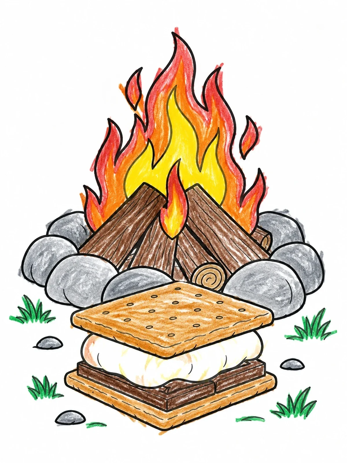 Colored example of the Campfire And Marshmallow S'More coloring page