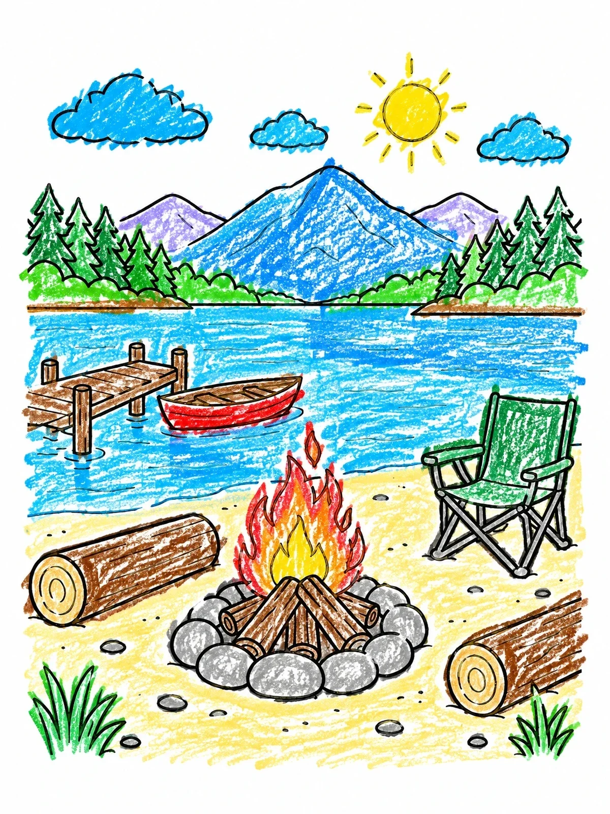 Colored example of the Campfire By The Mountain Lake coloring page