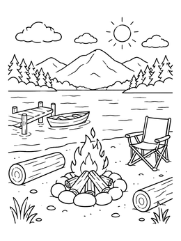 Free printable Campfire By The Mountain Lake coloring page