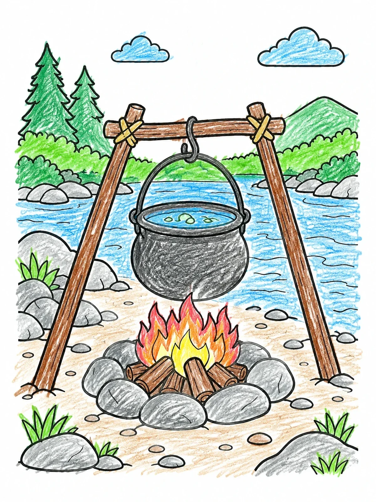 Colored example of the Campfire Cauldron By The River coloring page