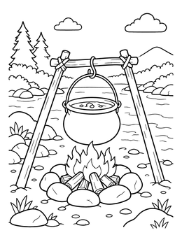 Free printable Campfire Cauldron By The River coloring page