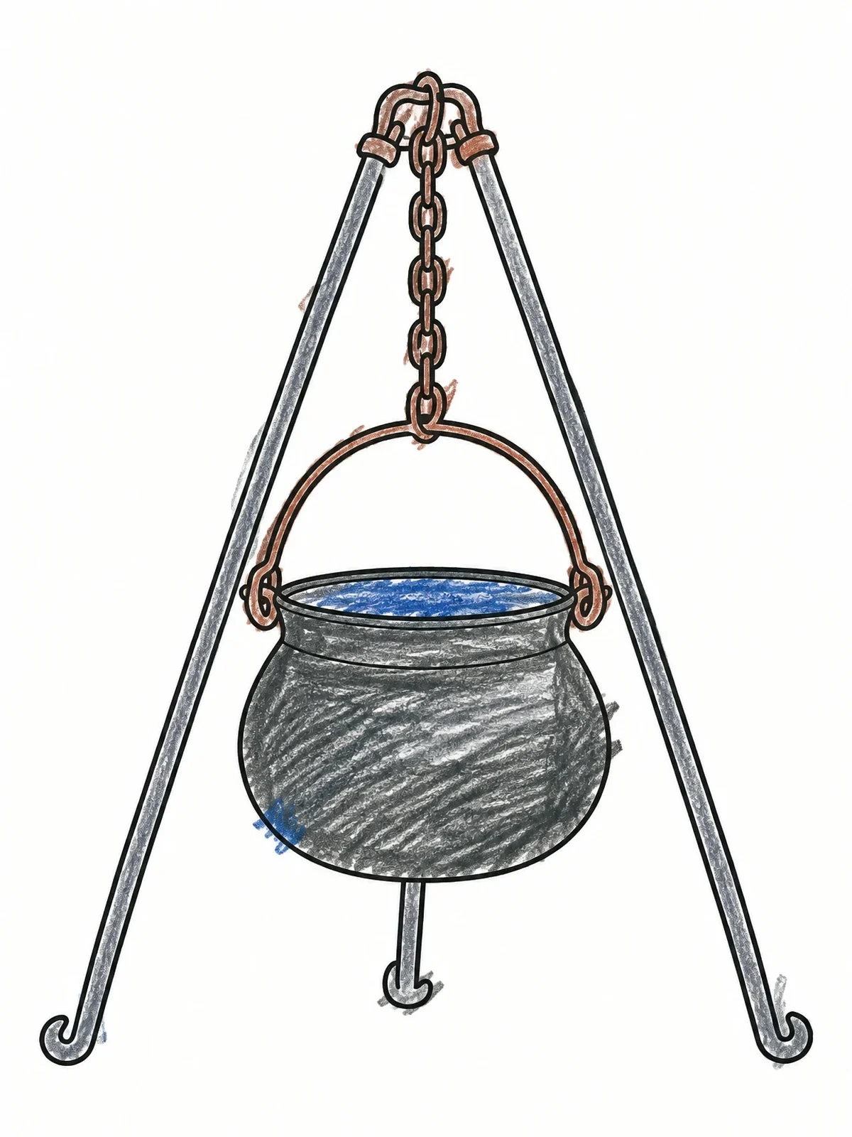 Colored example of the Campfire Cauldron Hanging On Tripod coloring page