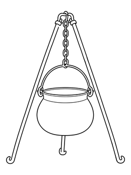 A simple cauldron coloring page featuring an iron pot suspended from a sturdy metal tripod.