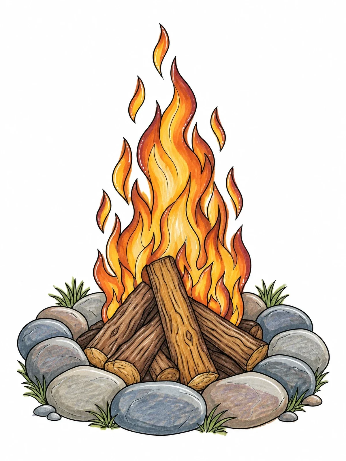 Colored example of the Campfire With River Stones coloring page