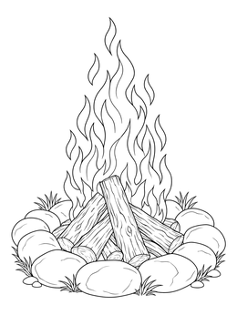 A campfire burning brightly inside a stone ring on this flames coloring page.